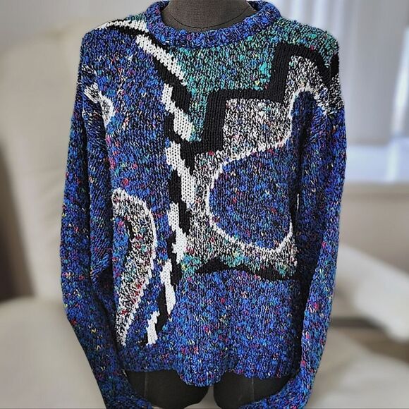 Vtg 80s multicolour graphic crewneck pullover oversized sweater - Picture 1 of 10